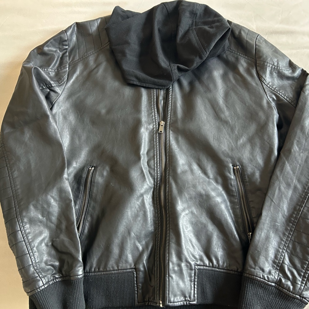 Forever 21 Men's Black Faux Leather Bomber Jacket